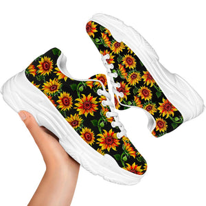 Black Autumn Sunflower Pattern Print White Chunky Shoes