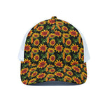 Black Autumn Sunflower Pattern Print White Mesh Trucker Cap