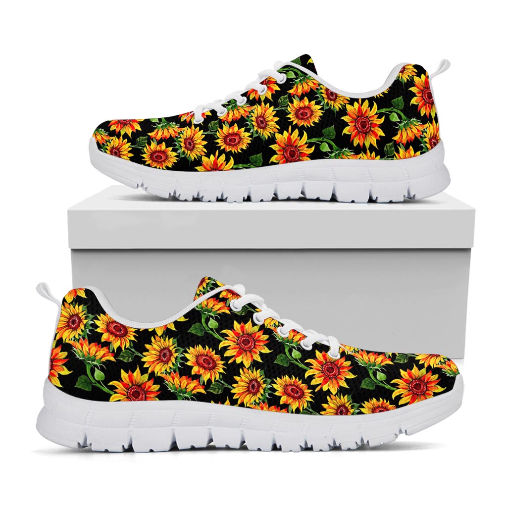 Black Autumn Sunflower Pattern Print White Running Shoes