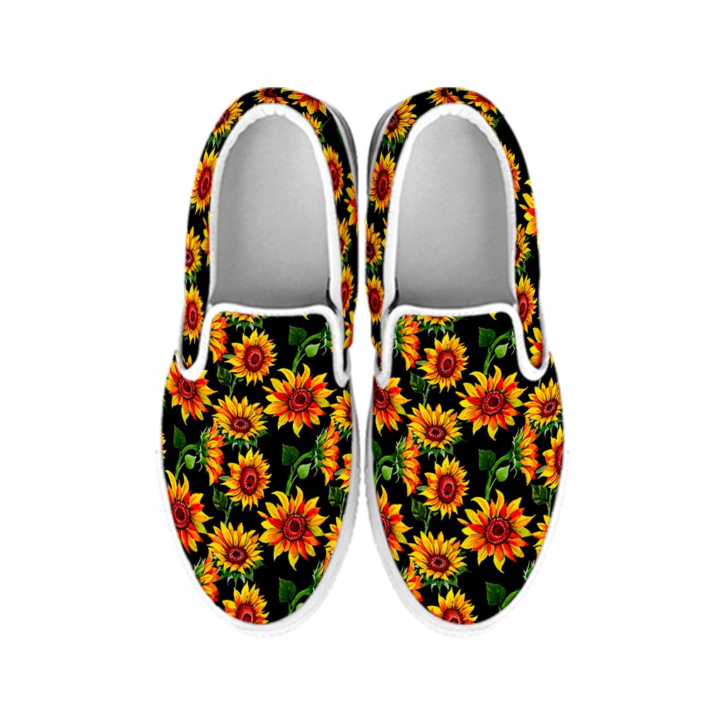 Black Autumn Sunflower Pattern Print White Slip On Sneakers
