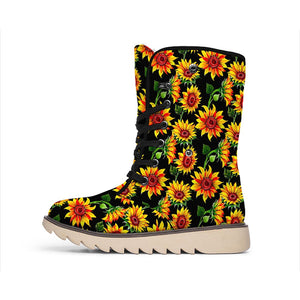 Black Autumn Sunflower Pattern Print Winter Boots