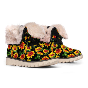 Black Autumn Sunflower Pattern Print Winter Boots