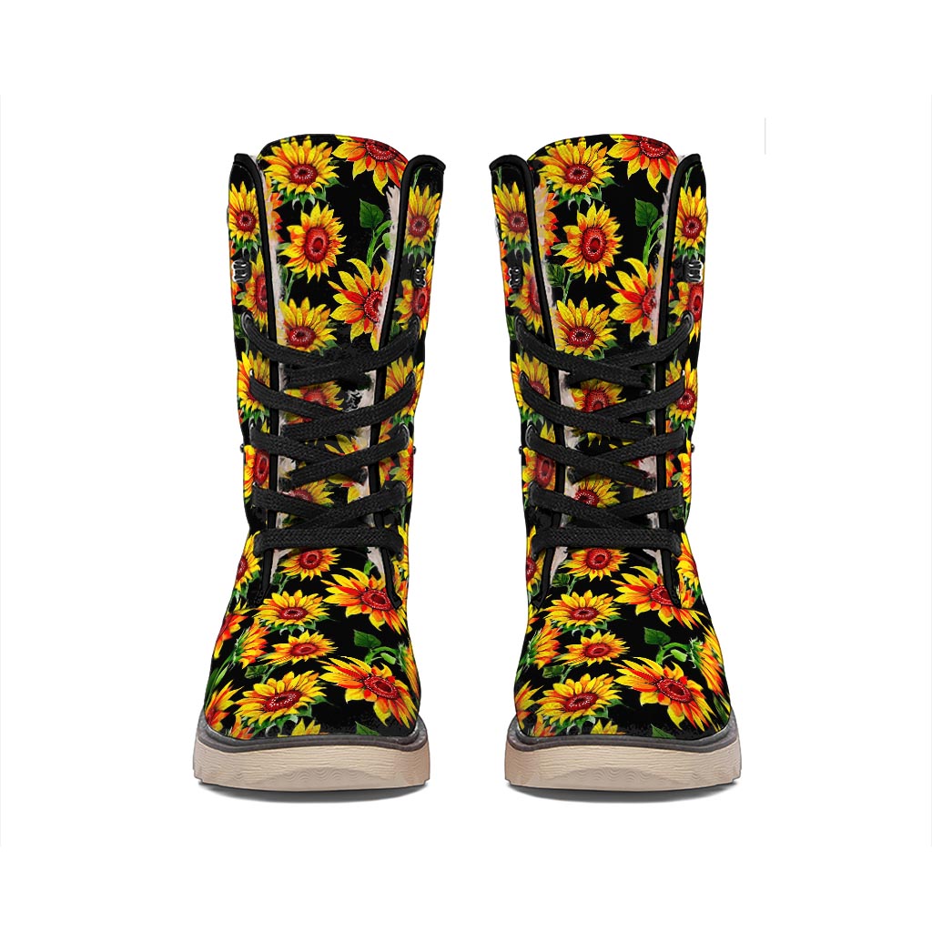 Black Autumn Sunflower Pattern Print Winter Boots