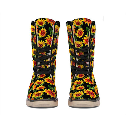 Black Autumn Sunflower Pattern Print Winter Boots
