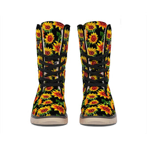 Black Autumn Sunflower Pattern Print Winter Boots