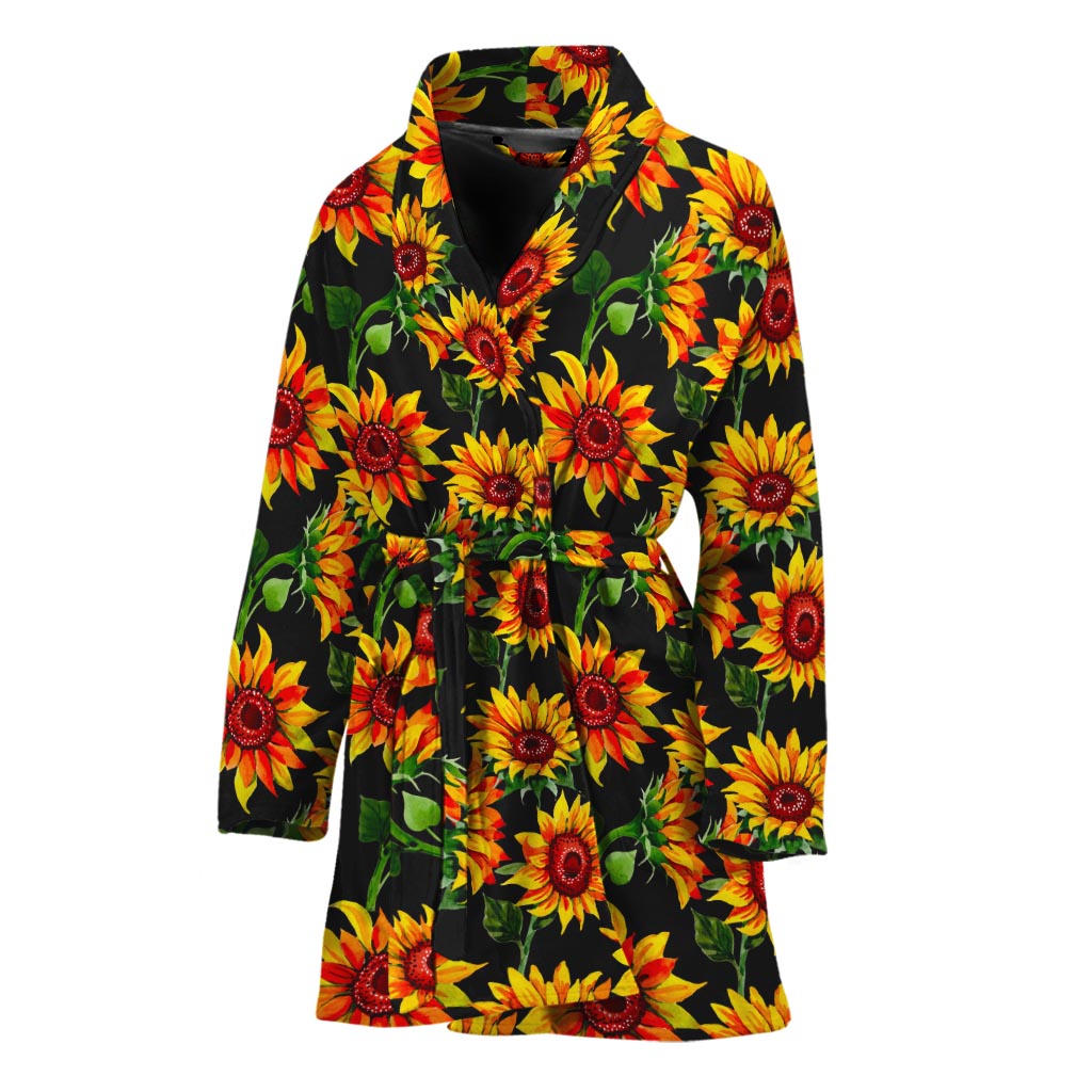 Black Autumn Sunflower Pattern Print Women's Bathrobe