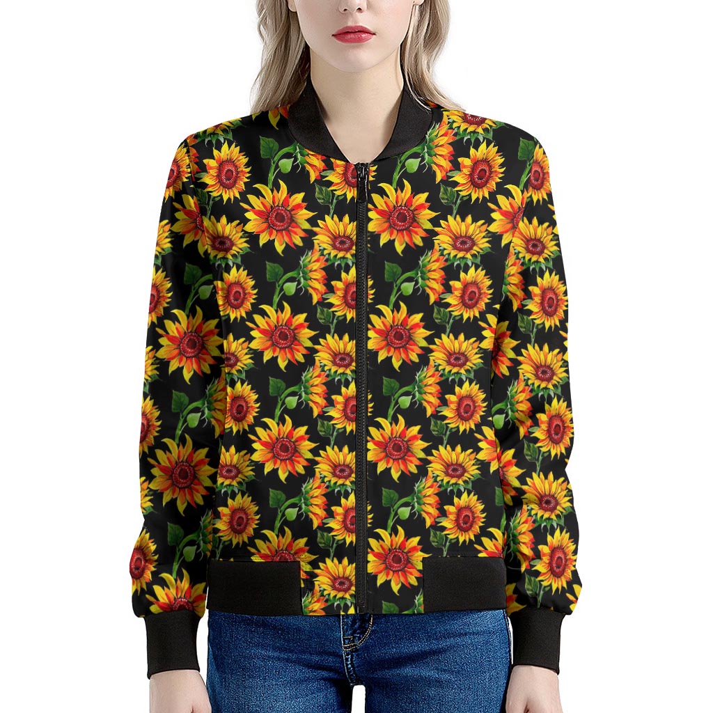 Black Autumn Sunflower Pattern Print Women's Bomber Jacket