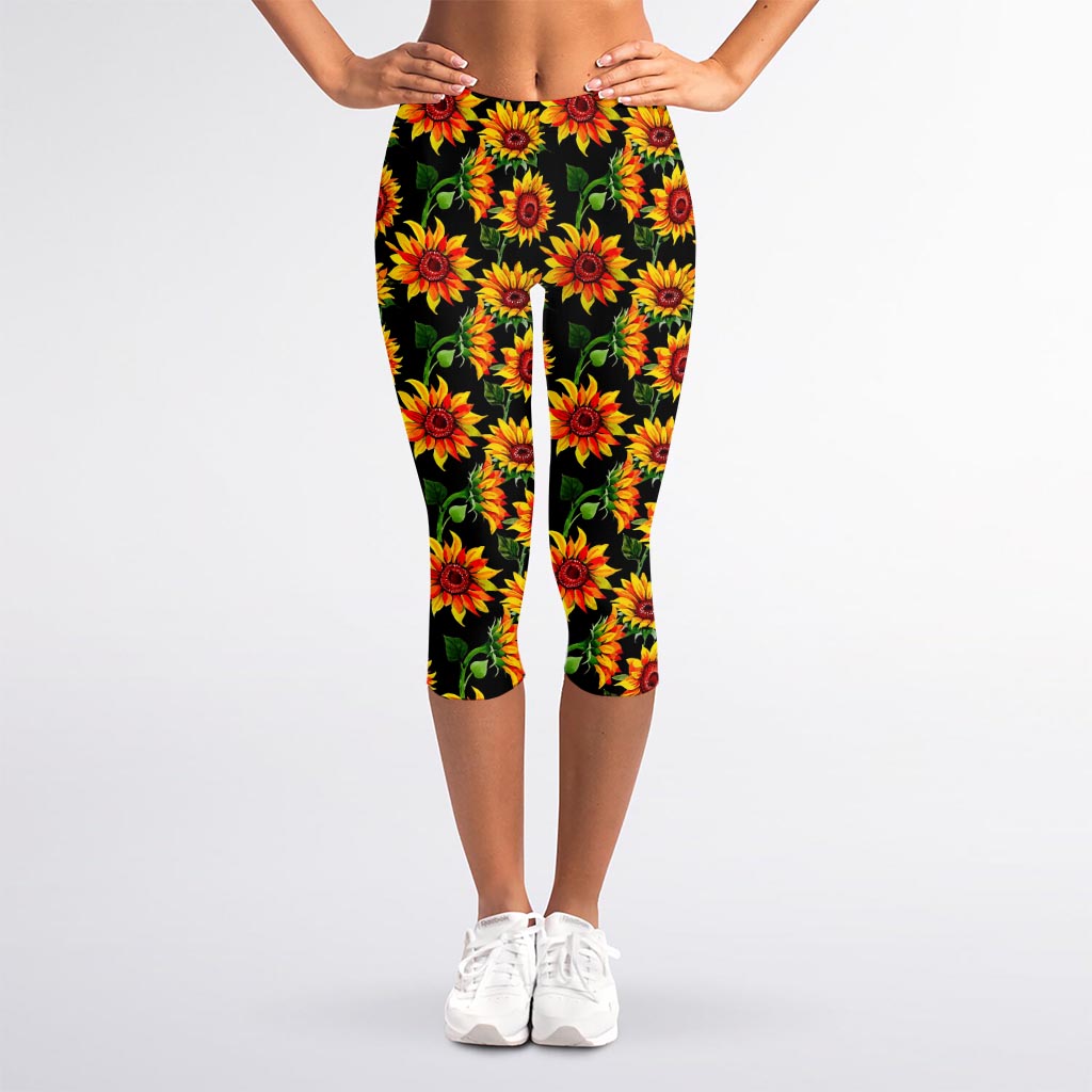 Black Autumn Sunflower Pattern Print Women's Capri Leggings