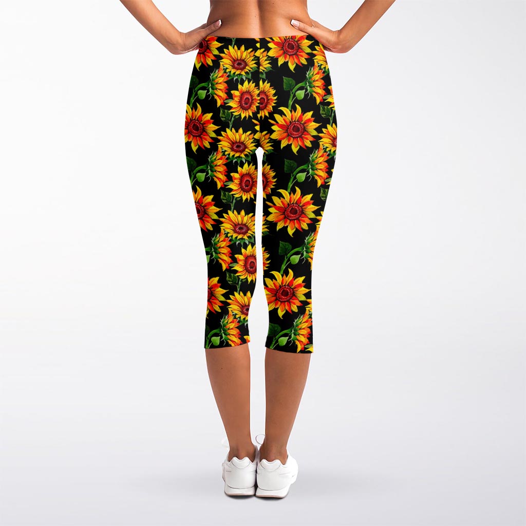 Black Autumn Sunflower Pattern Print Women's Capri Leggings