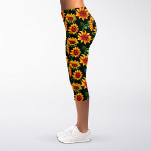 Black Autumn Sunflower Pattern Print Women's Capri Leggings