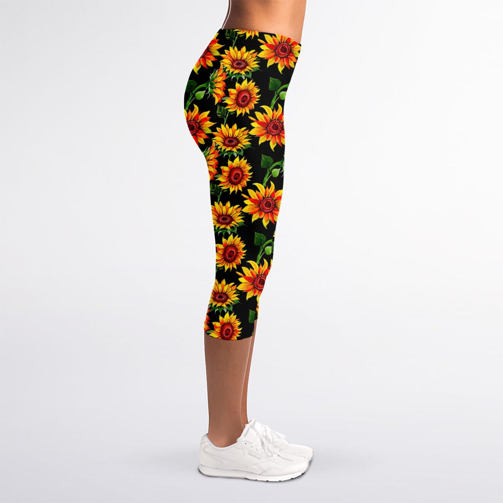 Black Autumn Sunflower Pattern Print Women's Capri Leggings