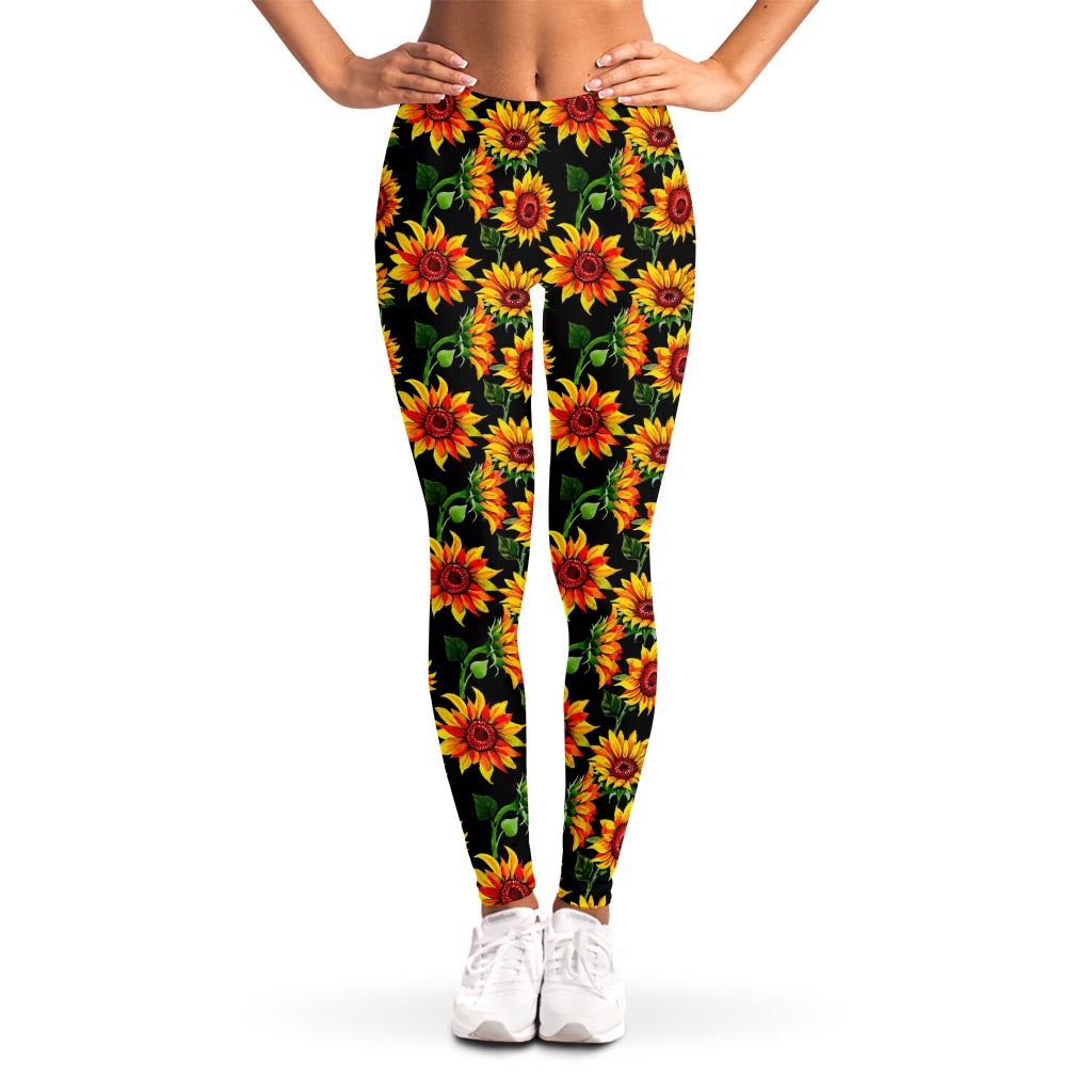 Black Autumn Sunflower Pattern Print Women's Leggings