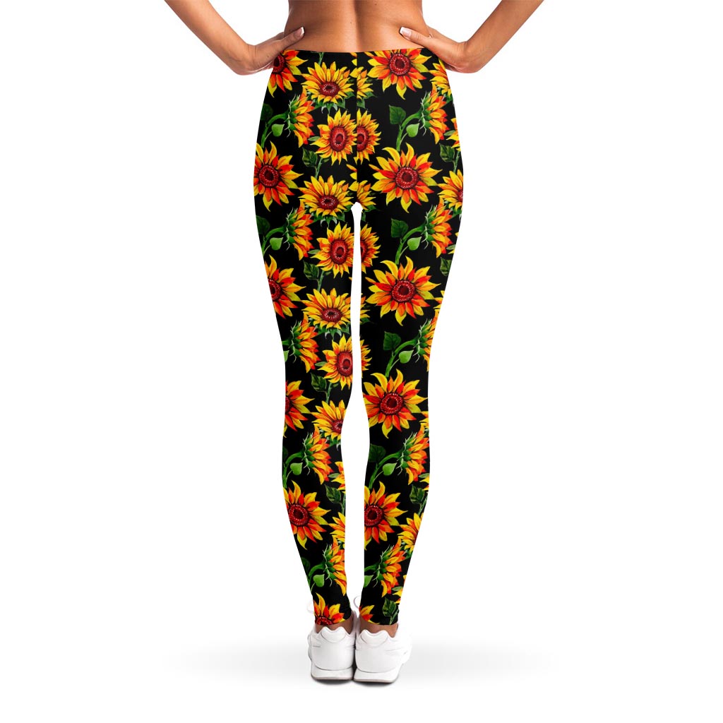 Black Autumn Sunflower Pattern Print Women's Leggings