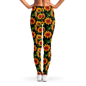 Black Autumn Sunflower Pattern Print Women's Leggings