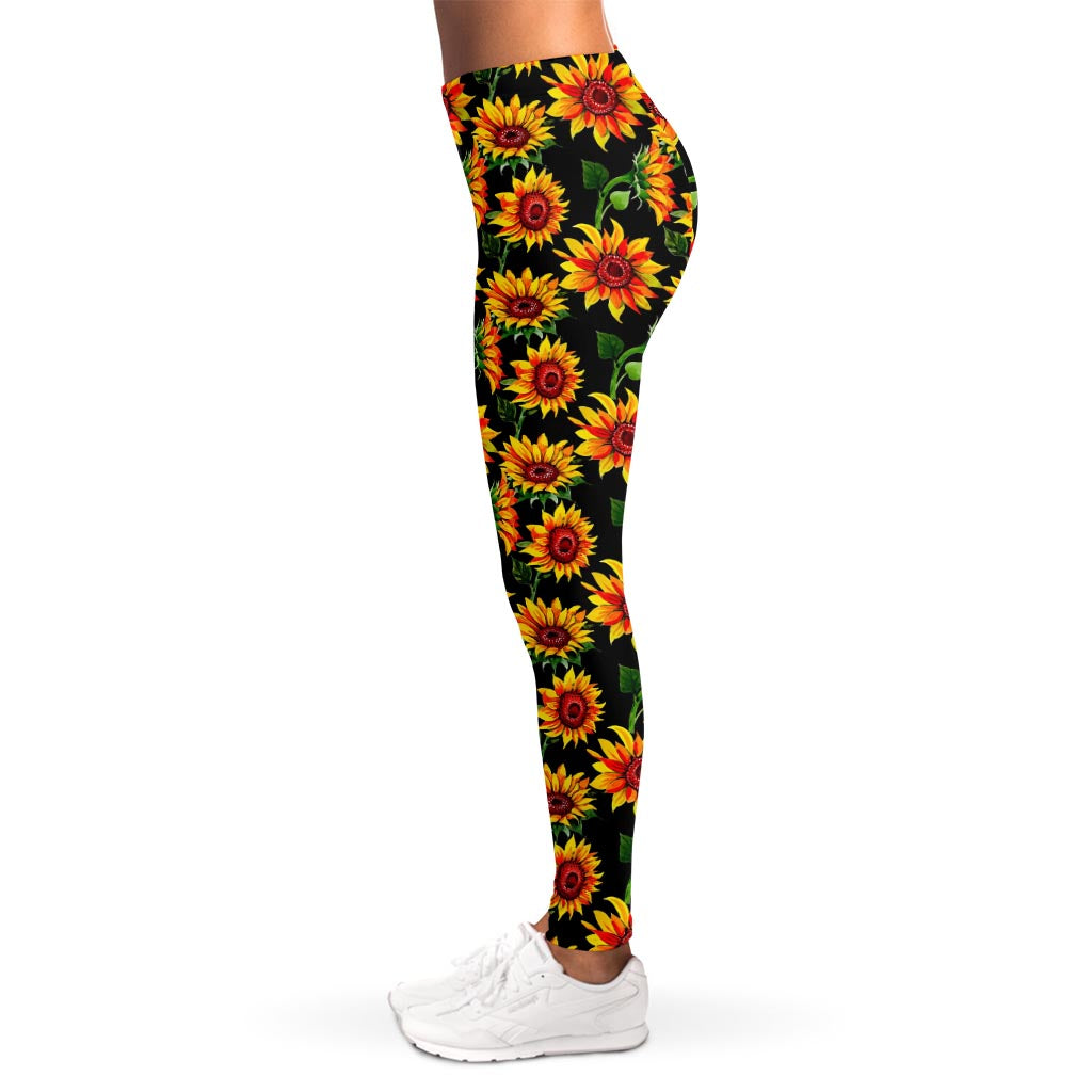 Black Autumn Sunflower Pattern Print Women's Leggings