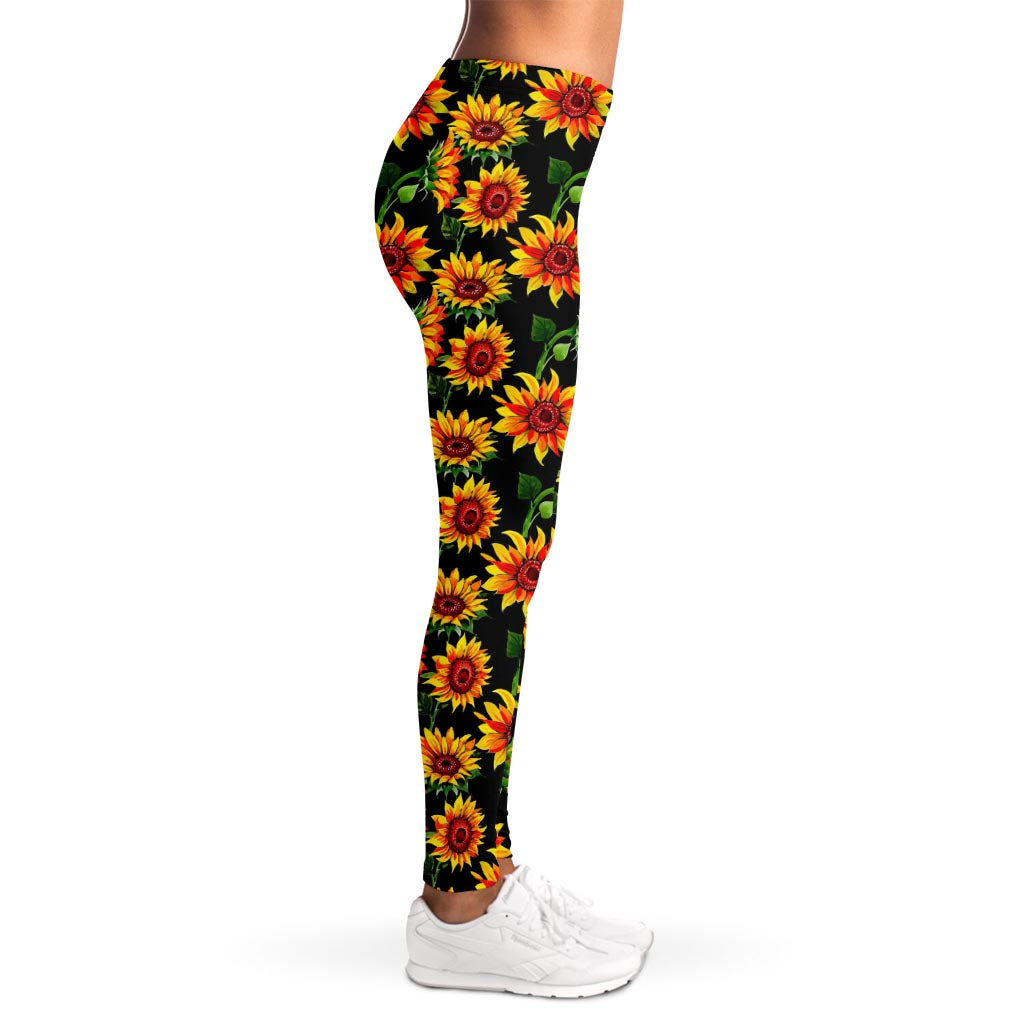 Black Autumn Sunflower Pattern Print Women's Leggings