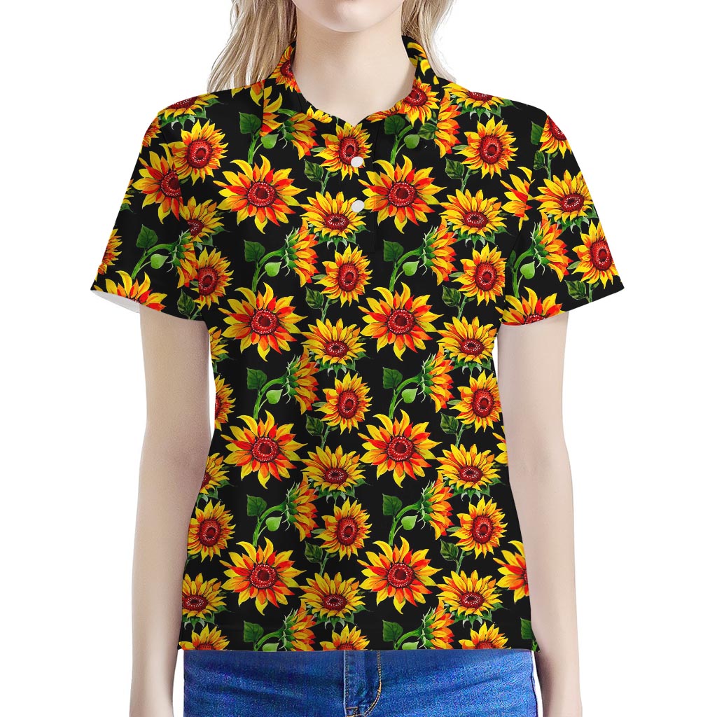 Black Autumn Sunflower Pattern Print Women's Polo Shirt