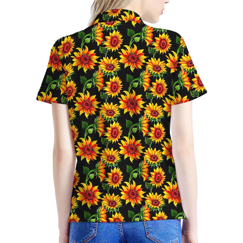 Black Autumn Sunflower Pattern Print Women's Polo Shirt