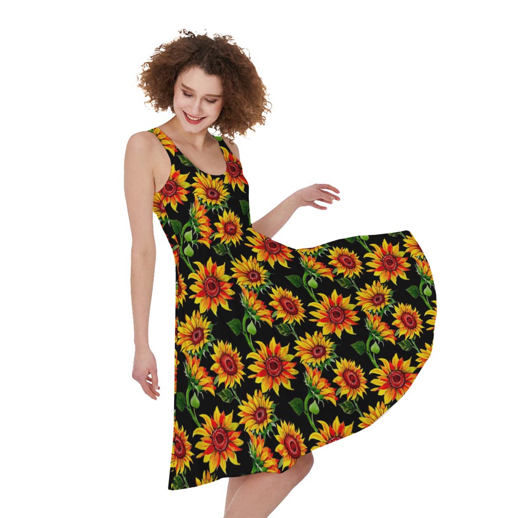 Black Autumn Sunflower Pattern Print Women's Sleeveless Dress