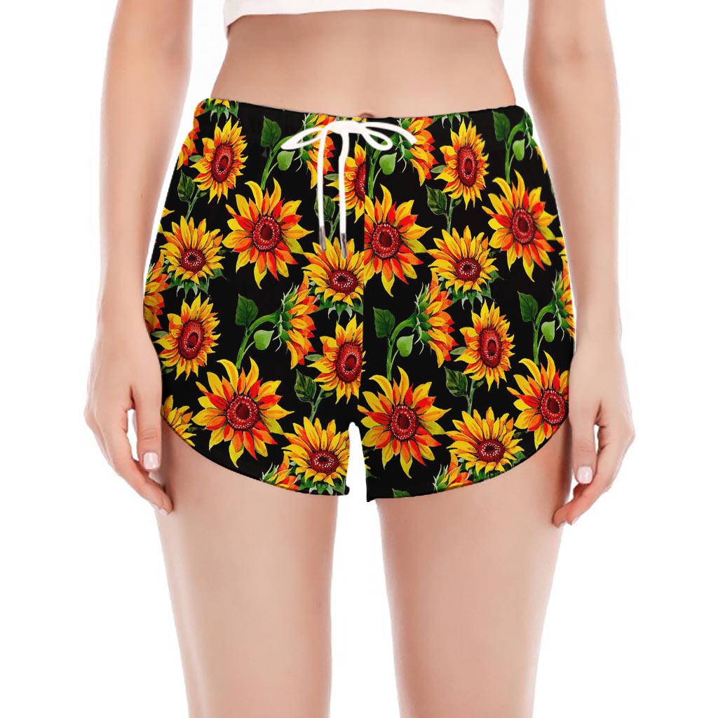 Black Autumn Sunflower Pattern Print Women's Split Running Shorts