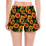 Black Autumn Sunflower Pattern Print Women's Split Running Shorts