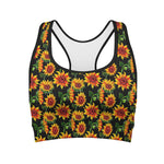 Black Autumn Sunflower Pattern Print Women's Sports Bra