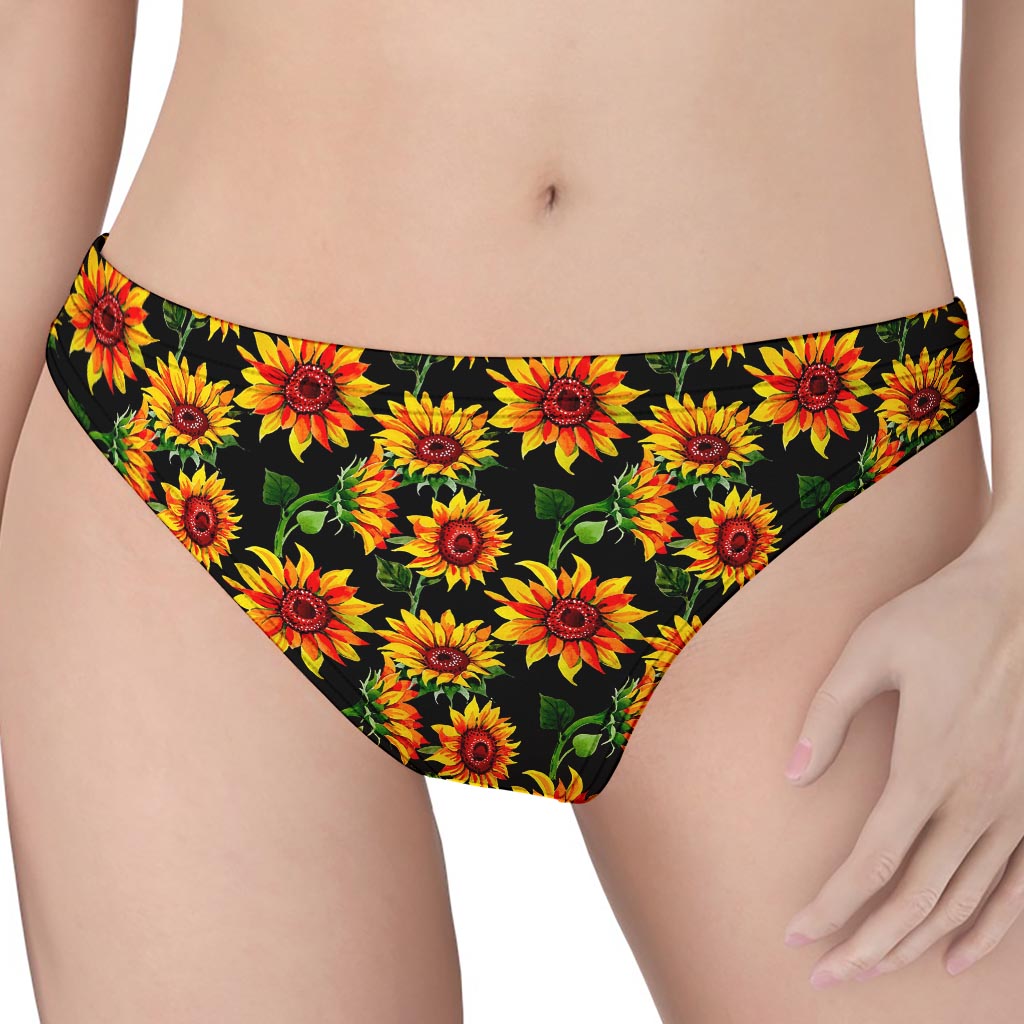Black Autumn Sunflower Pattern Print Women's Thong