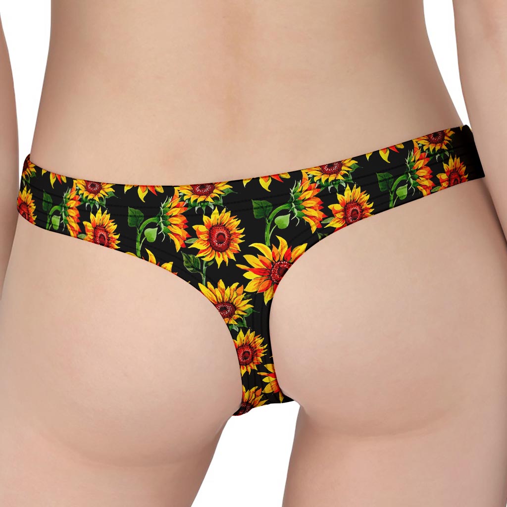 Black Autumn Sunflower Pattern Print Women's Thong