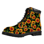 Black Autumn Sunflower Pattern Print Work Boots