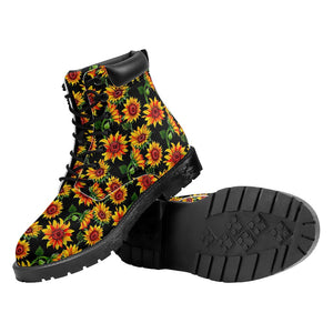 Black Autumn Sunflower Pattern Print Work Boots