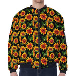 Black Autumn Sunflower Pattern Print Zip Sleeve Bomber Jacket