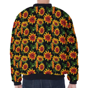 Black Autumn Sunflower Pattern Print Zip Sleeve Bomber Jacket