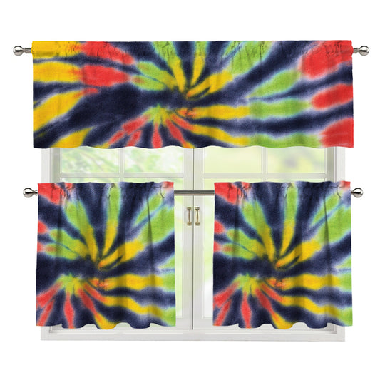 Black Backed Spiral Tie Dye Print 3 Piece Kitchen Curtains