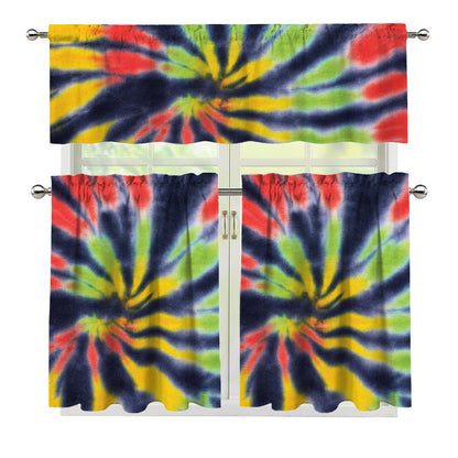 Black Backed Spiral Tie Dye Print 3 Piece Kitchen Curtains