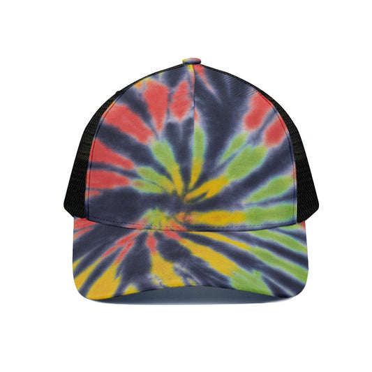 Black Backed Spiral Tie Dye Print Black Mesh Trucker Cap