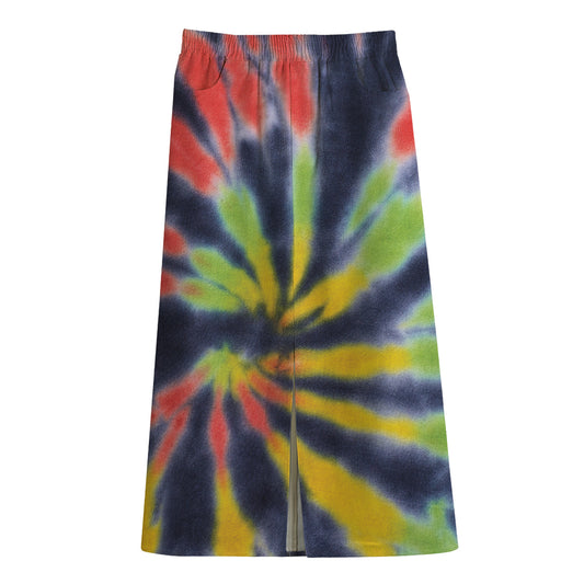 Black Backed Spiral Tie Dye Print Cotton Front Slit Maxi Skirt