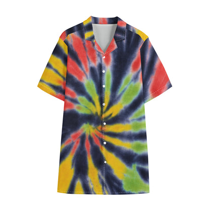 Black Backed Spiral Tie Dye Print Cotton Hawaiian Shirt