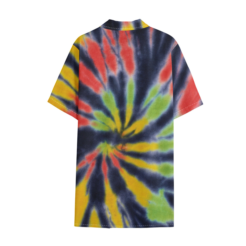 Black Backed Spiral Tie Dye Print Cotton Hawaiian Shirt