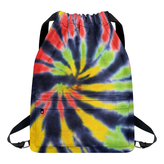Black Backed Spiral Tie Dye Print Drawstring Backpack