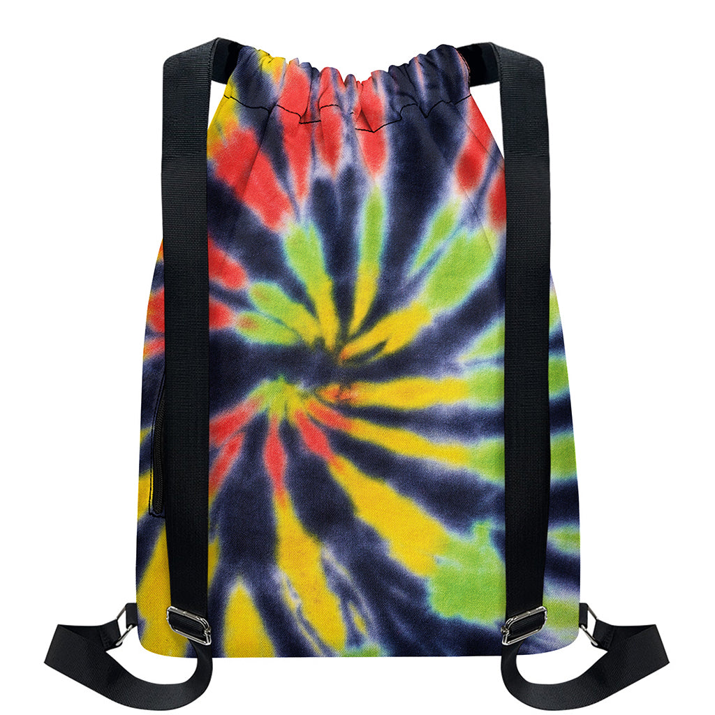Black Backed Spiral Tie Dye Print Drawstring Backpack