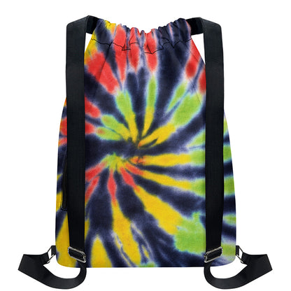 Black Backed Spiral Tie Dye Print Drawstring Backpack