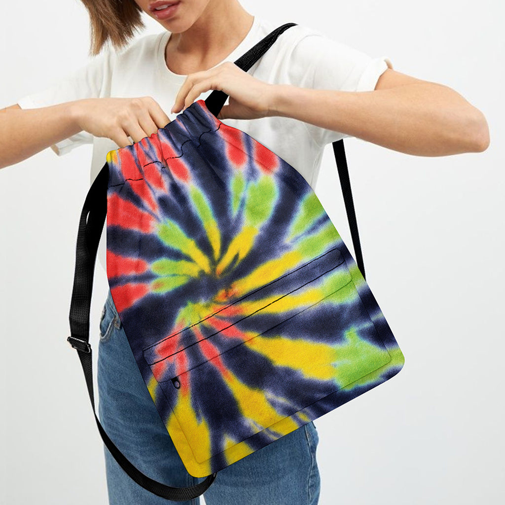 Black Backed Spiral Tie Dye Print Drawstring Backpack
