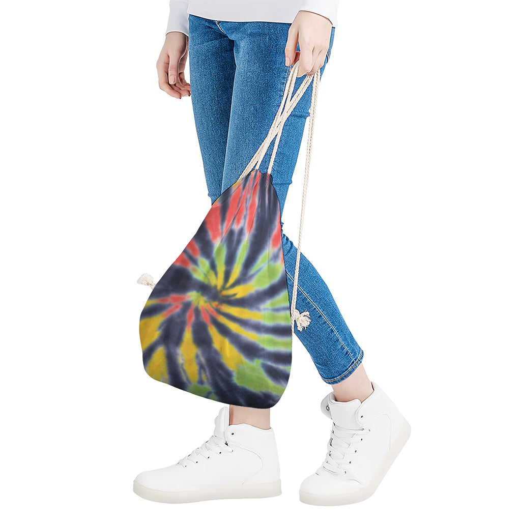 Black Backed Spiral Tie Dye Print Drawstring Bag