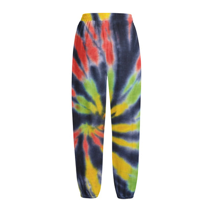 Black Backed Spiral Tie Dye Print Fleece Lined Knit Pants