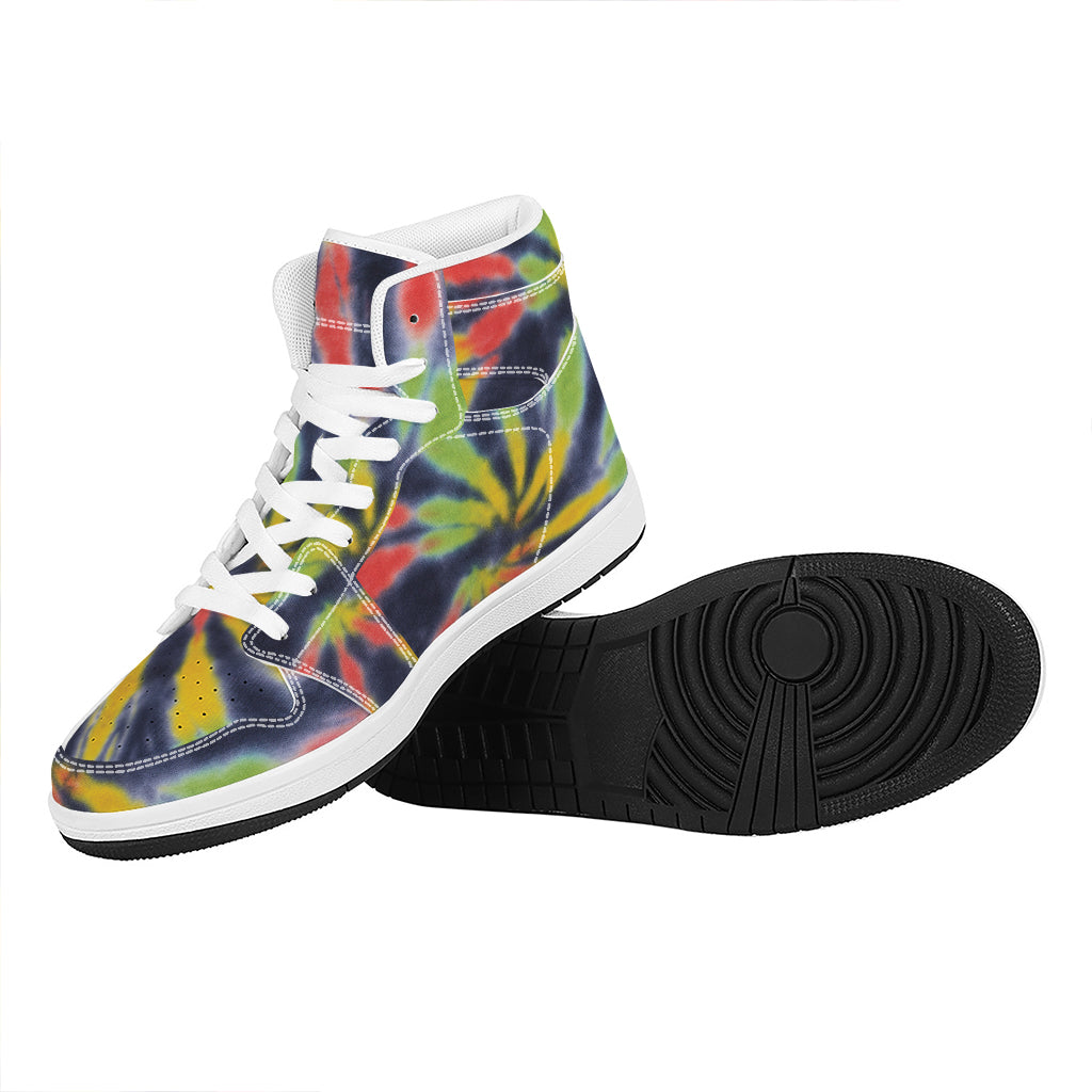 Black Backed Spiral Tie Dye Print High Top Leather Sneakers