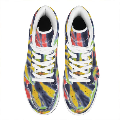 Black Backed Spiral Tie Dye Print High Top Leather Sneakers