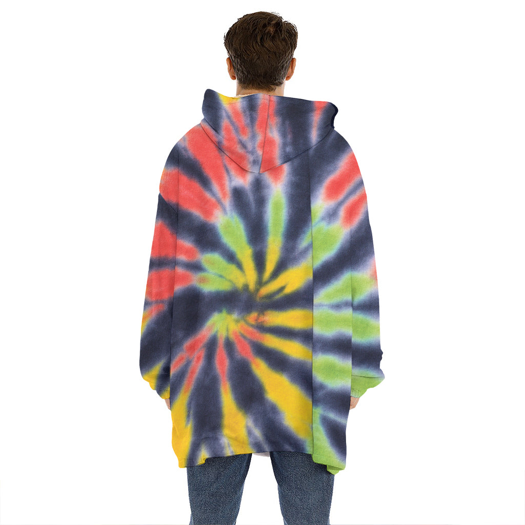 Black Backed Spiral Tie Dye Print Hoodie Blanket