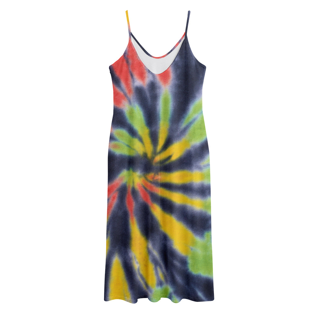 Black Backed Spiral Tie Dye Print Jersey Midi Cami Dress