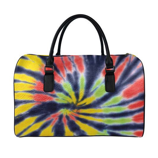 Black Backed Spiral Tie Dye Print Leather Duffle Bag
