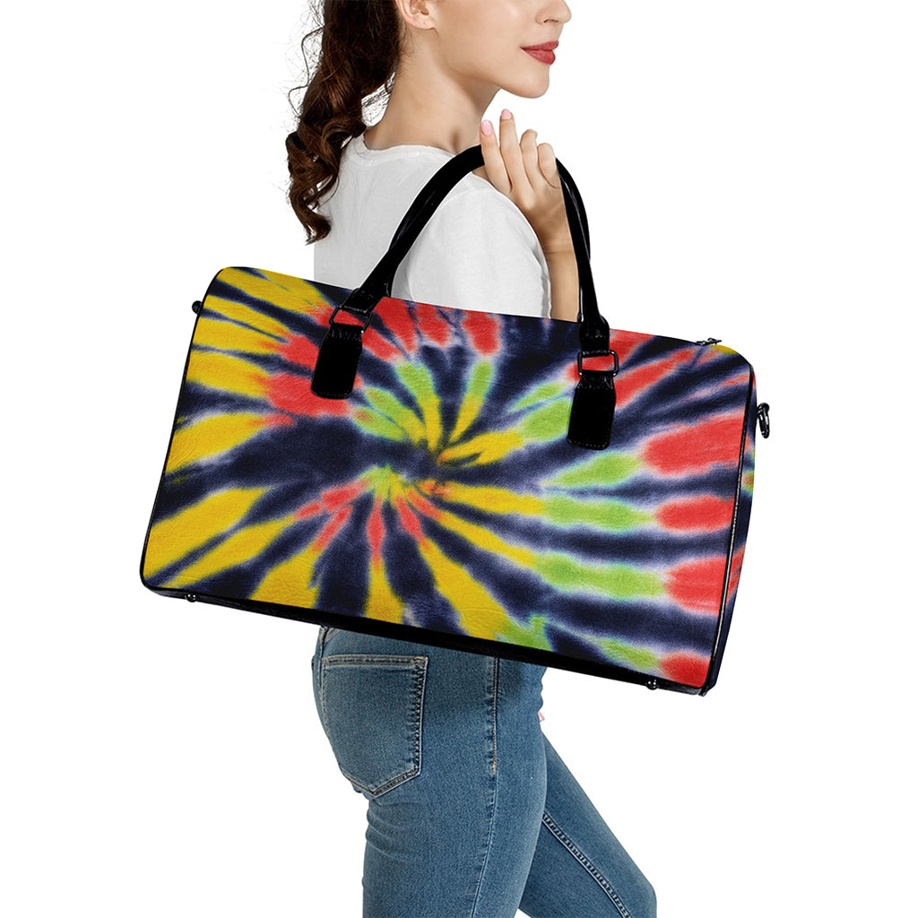 Black Backed Spiral Tie Dye Print Leather Duffle Bag